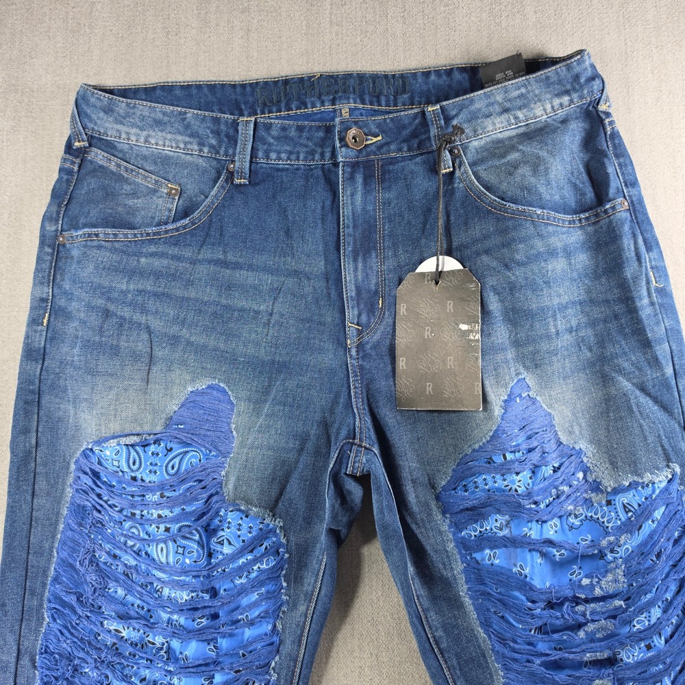 Rutherford Distressed‎ Jeans Men 38 Blue Paisley Bandana Patch Streetwear Denim